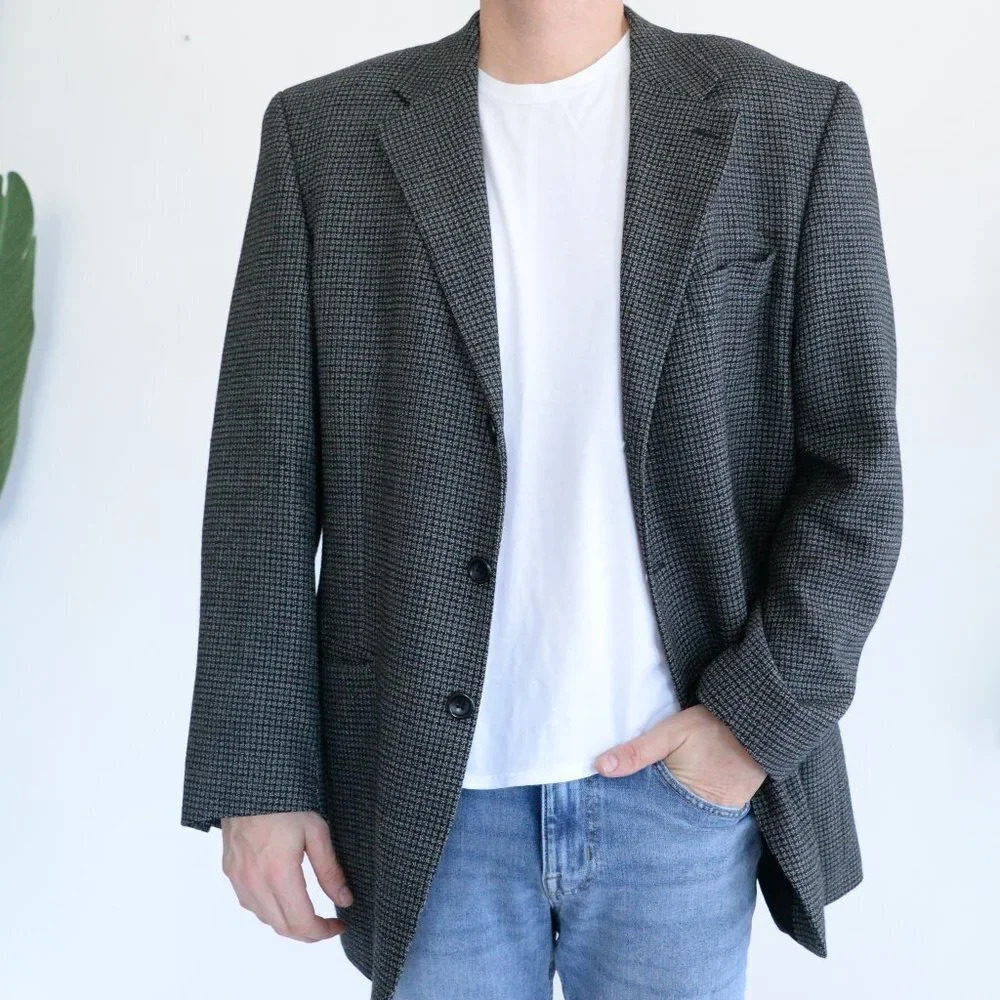 VTG Mantles Black Wool Plaid Blazer 100% Wool Classic Vintage Mens 44T